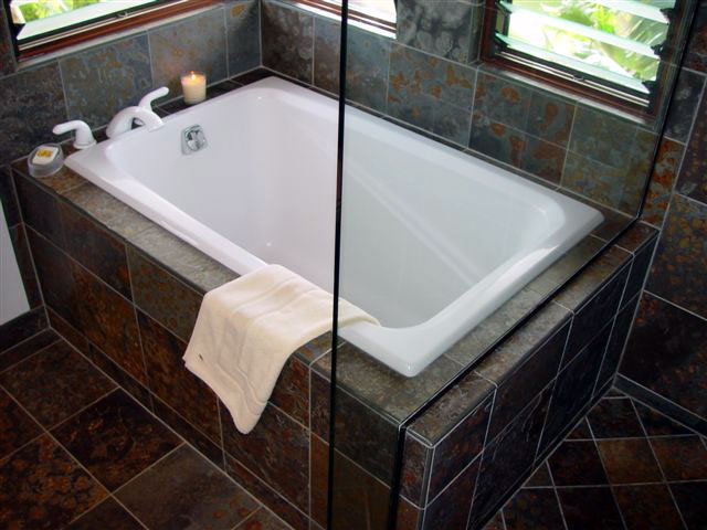 The master bath with soaking tub and walk-in shower