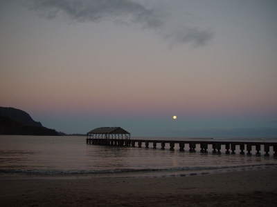 Full moon setting in the morning along the beach path